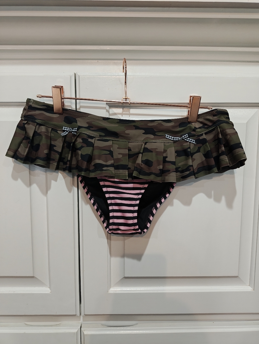 Women’s Camouflage Ruffle Swim Bottom with Pink Stripe Accent